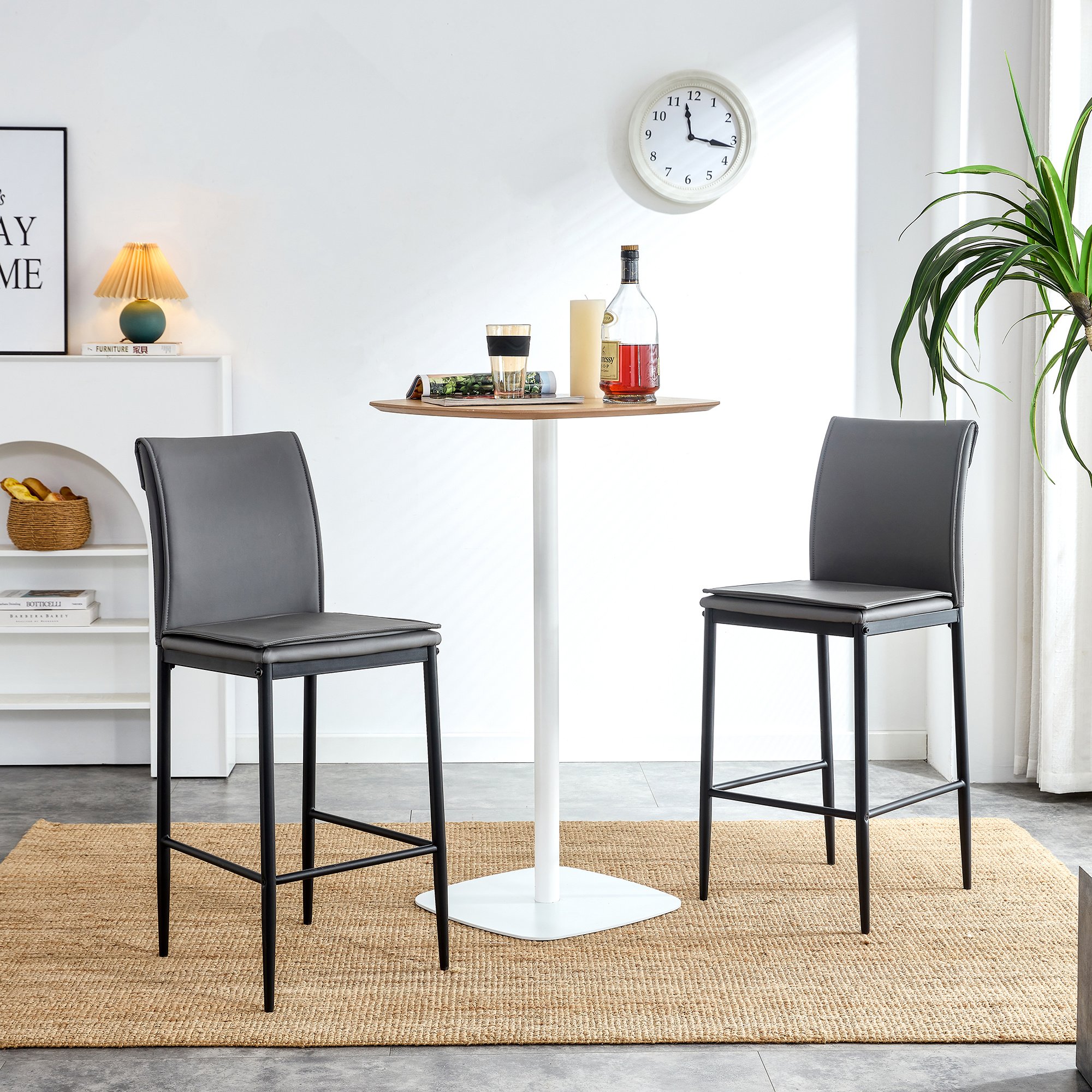 Grey Leather Barstool Dining Counter Height Chair Set of 2 Grey Leather Barstool Dining Counter Height Chair Set of 2