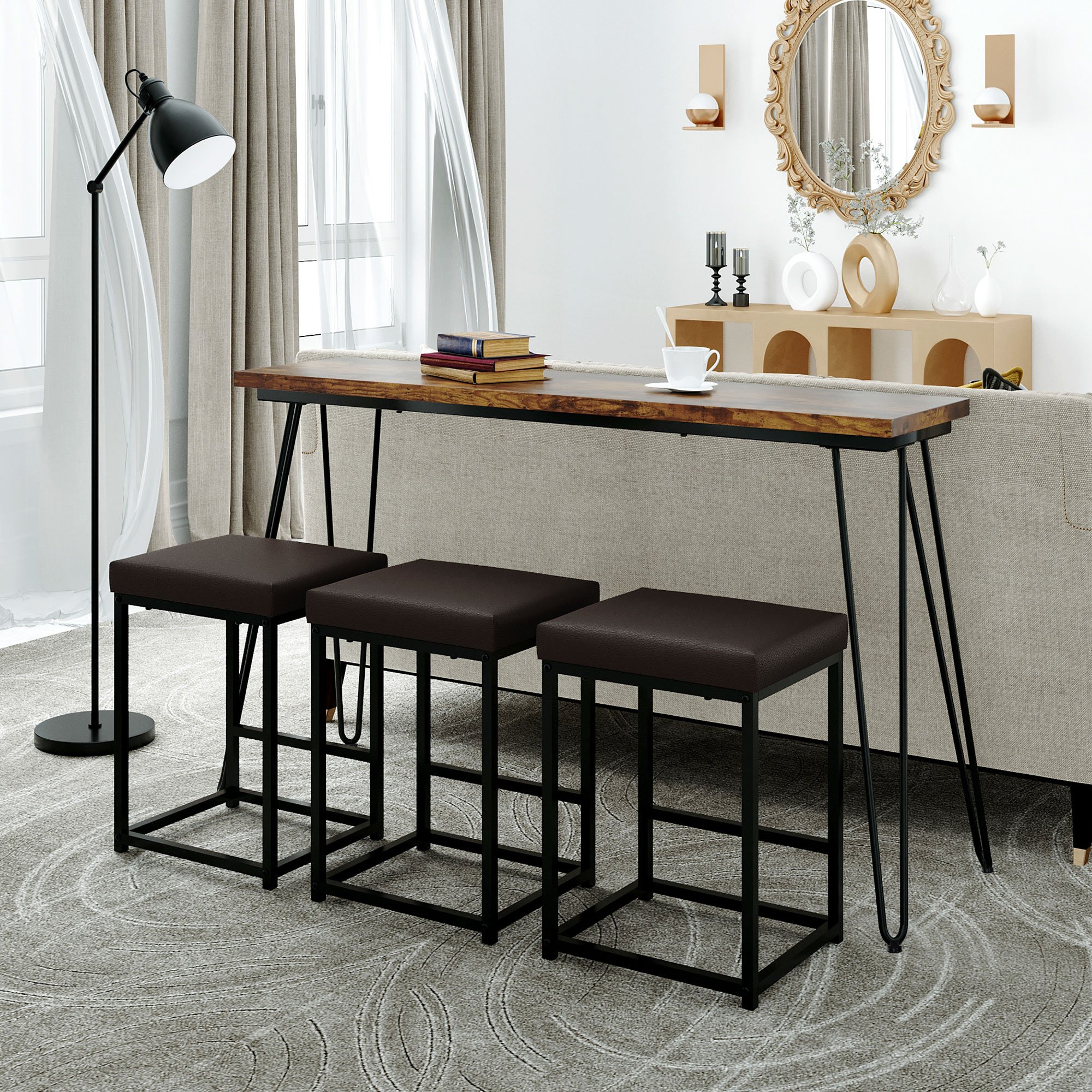 TOPMAX Updated 4 Pieces Counter Height Extra Long Dining Table Set with 3 PU Stools Bar Kitchen Table Set Console Table,Rustic Brown Table+Black Stool TOPMAX Updated 4 Pieces Counter Height Extra Long Dining Table Set with 3 PU Stools Bar Kitchen Table Set Console Table,Rustic Brown Table+Black Stool